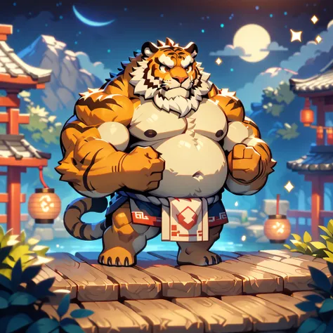 masterpiece, best quality, very aesthetic, absurdres, BREAK noise reduction, super fine illustration, detailed beautiful face and eyes, sharp focus, crisp quality, BREAK pixel art, chibi, [face:full body:10], from above, summer festival, musclegut middle-a...