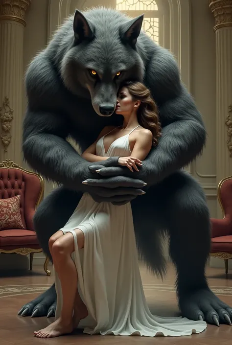 Make me a realistic image of a very large werewolf on defense    , covering his wife with his arms, curling up so that the woman&#39;s body cannot be seen. They were in a mansion, She had a short white dress