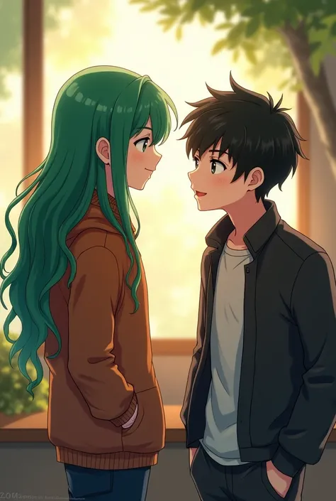 Drawing of a boy with long green hair telling his friend that he likes his clothes but his friend has black hair and they are adults 