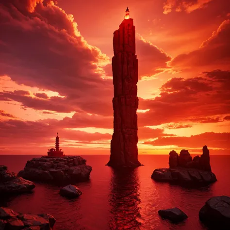 1 huge red candlestick on top of a floating in the mid air island,surrounded by floating rocks in the middle of hell, Surrealismo,sci-fi,red sky