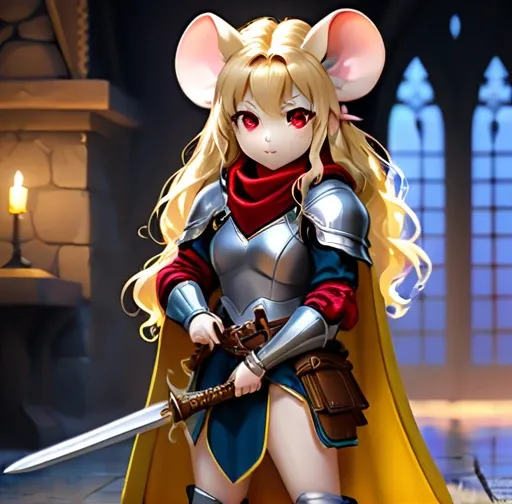 full body Esbian、Cool Female Mouse、Pop Female Mouse、diorama、symple background、bandana、holding sword, ​masterpiece, long-blonde hair, sword pointed up, curly hair, Best Quality, Capture super cute moments, depth of fields, ultra-detailliert, Ultra High Reso...