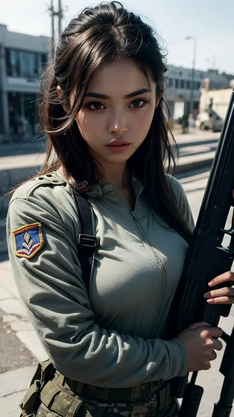 a woman in military gear holding a rifle in a city, of a sniper girl in war, military girl, infantry girl, soldier girl, with rifle, beautiful female soldier, mechanized soldier girl, closeup portrait shot, close-up shoot, holding rifle, ready for combat, ...