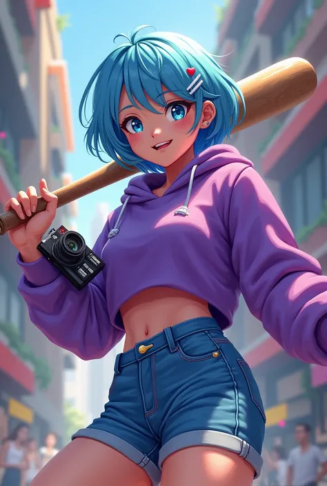 Skinny girl with adrenaline face excited with short blue hair with a heart clip in her hair wearing a purple sweater and bright blue denim shorts holding a baseball bat and a pixel art style camera.