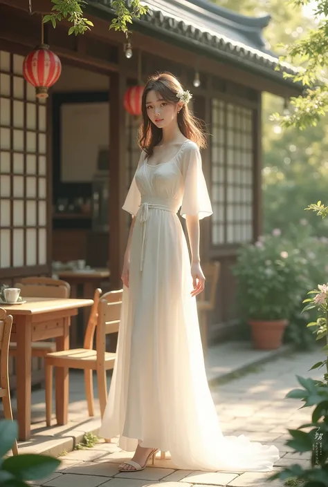 A neat white dress。Medium length。A lovely cafe surrounded by Japanese fragrans。Calm and refreshing woman。Medium-long light brown hair。