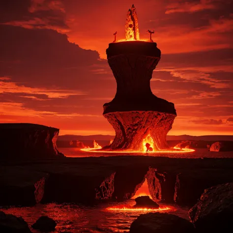 1 huge red candlestick on top of a floating island in the mid air,surrounded by floating rocks in the middle of hell, lava river,Surrealismo,sci-fi,red sky, at night 