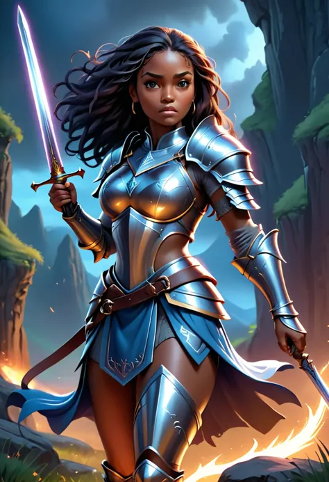 full body of african american female warrior, medieval fantasy knight, heavily armored, holding a sword, fierce expression, long flowing hair, intricate armor details, glowing magical energy, dramatic lighting, cinematic pose, epic landscape background, (b...