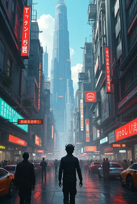 Guvez style cyber-future city, high-quality CG, multiple characters, complex scenes, full of competitive atmosphere, emphasizing futurism and technology, full of color, rich details, tough lines, and desperate expressions of characters