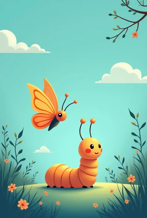 Create an image alluding to metamorphosis to use as an image for a project with aqua blue and light orange colors. Use a cartoon with the before and after, the caterpillar and the butterfly which is the result