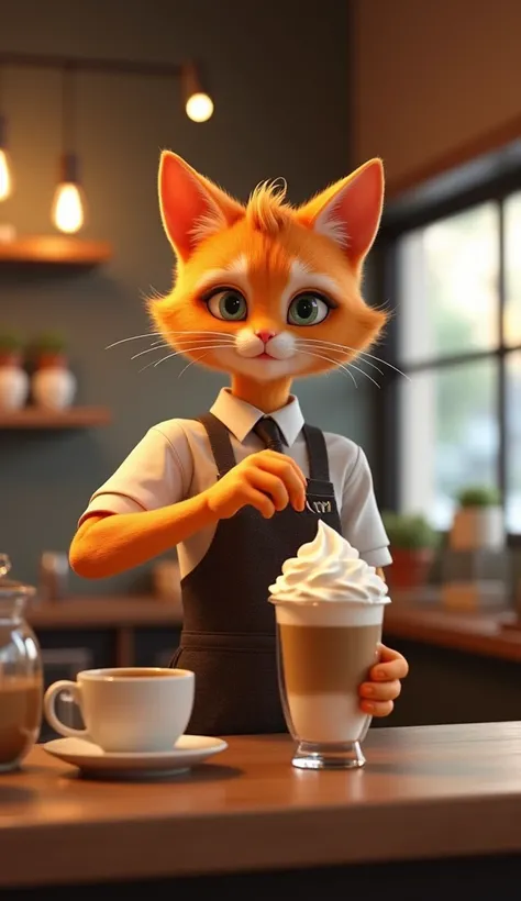 Outstanding 3D rendering of an orange teenage cat girl, wearing a coffee shop staff uniform. The girl is serving a large cup of coffee, squeezing a tall layer of thick whipped cream into the cup, while doing so she smiles amusedly. The atmosphere is cozy. ...