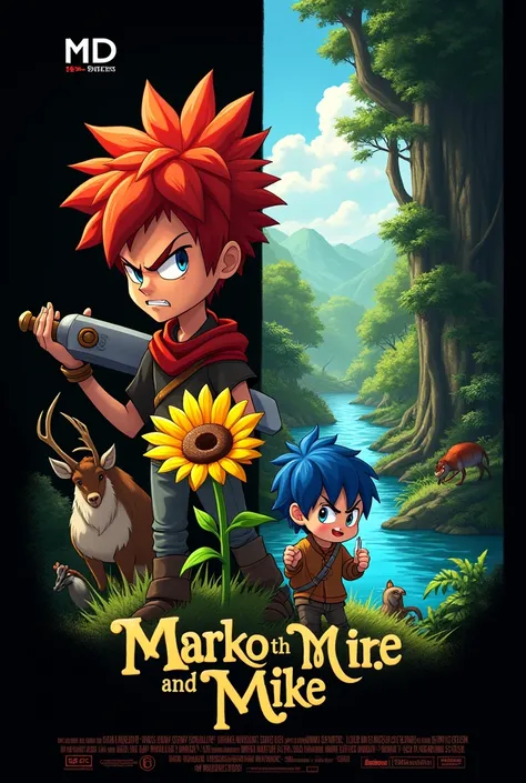 Poster judul Marko and Mike, Marko has red hair and Mike has blue hair, Marko carries a sword, and Mike brought a giant sunflower. They are both short and cute wearing tattered clothes made of plants., and wide ears Give a black background with a river on ...