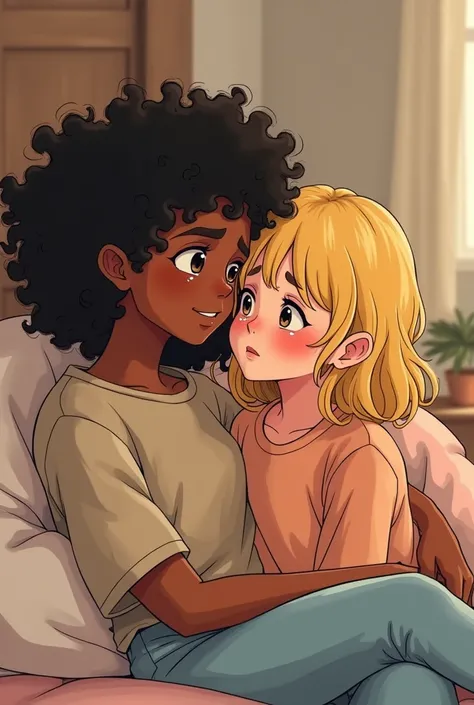 I want a cute original drawing of two teenage friends, one with dark skin and churos and the other with blonde hair crying. 
 