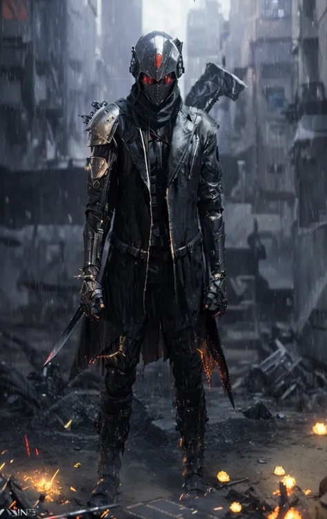 A man wearing a black assassin suit helmet, holding a knife, cyberpunk knight, full character from a movie, 3D rendered character art, assassin concept art, Unreal Engine 5, RPG portrait, assassin hunter portrait, dystopian sci-fi character, cyberpunk char...