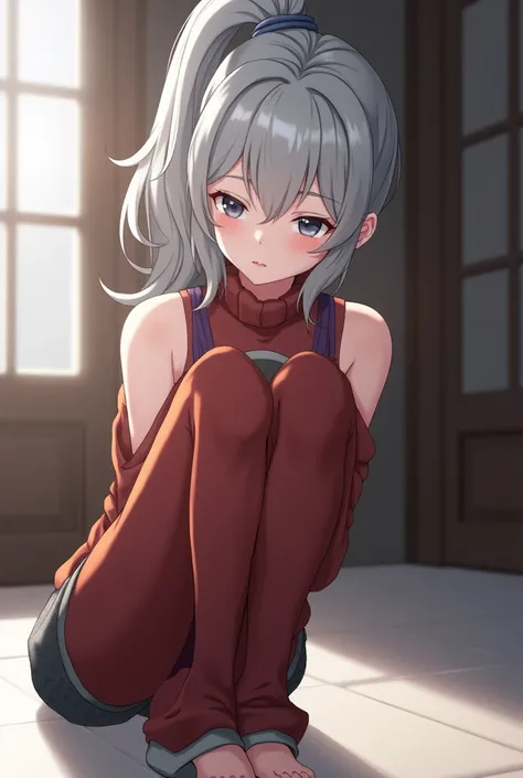 best quality, masterpiece, highres, solo, {isla_plasticmemories:0.90}, 1girl, sitting, barefoot, grey_hair, hugging_own_legs, indoors, ponytail, sleeveless, parody, profile