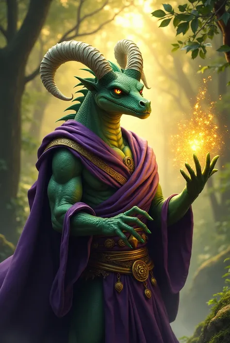 Green Draconid Sorcerer, with purple togas with golden tints, with golden magic in his hands, with white horns, in a forest background, during a sunset. portrait, as for passport
