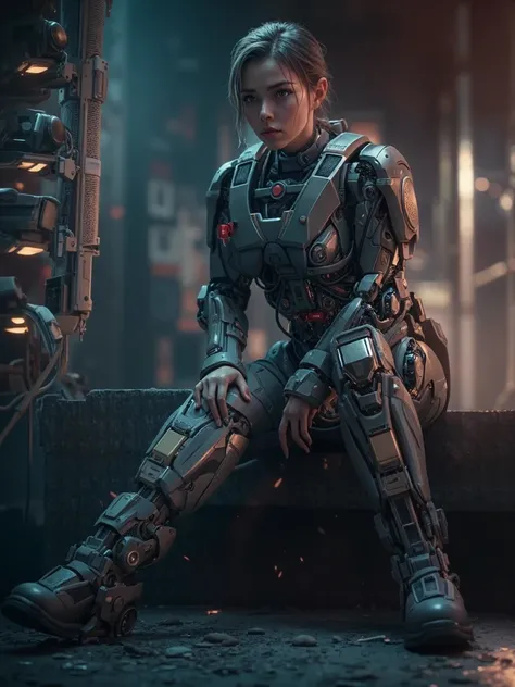 A cinematic photo shoot of gorgeous female military soldier cyborg hugging knees wishing her original beautiful body back, negatif face emotion, volumetric light, insanely detailed and intricate, octane render, unreal engine, hyper realistic photo, high de...