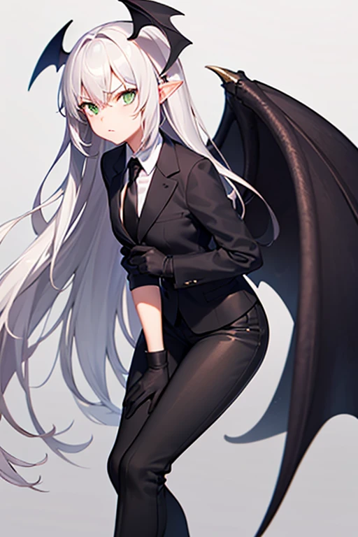 girl, elegant black suit, elegant black gloves, black elegant tie, long white hair, green eyes, serious look, long bat wings, little horns, elegant black pants.