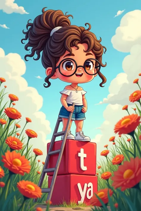 A whimsical Chibi-style illustration captures the essence of a young artist named Vitoria, standing atop a ladder in a vibrant, sunlit flower garden. Shes eagerly adding the letter "T" to a stack of red blocks, completing the word "TANiYA." The blocks symb...