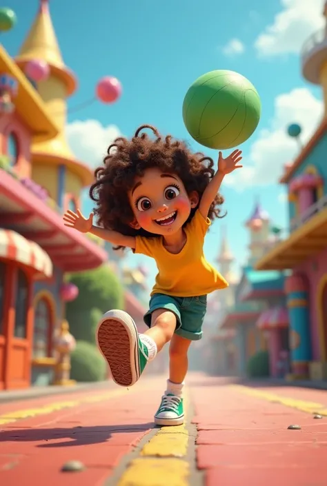 , curly hair, brown color, usa piercing no septo nariz, is happy, wears yellow blouse, wears vans sneakers, white socks, brown and almond-shaped eyes, has a dimple, is kicking a green ball in the air, and is in a Pixar-inspired amusement park
