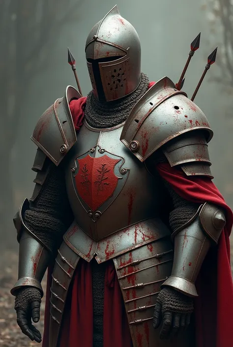 Medieval armor full of arrows and spears and blood
