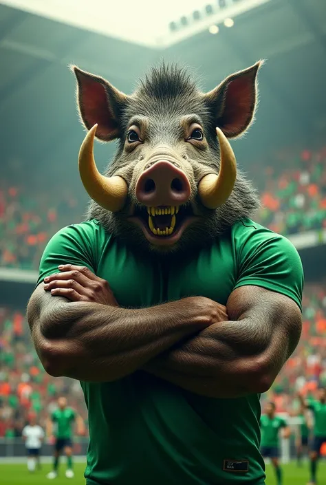 A wild boar pig with an angry face with large horns in its mouth and with its arms crossed wearing a green shirt or uniform , No fundo, a football stadium packed with fans wearing green shirts.