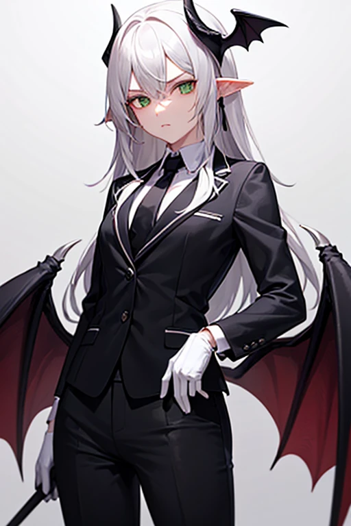 girl, elegant black suit, elegant black gloves, black elegant tie, long white hair, green eyes, serious look, long bat wings, little horns, elegant black pants.