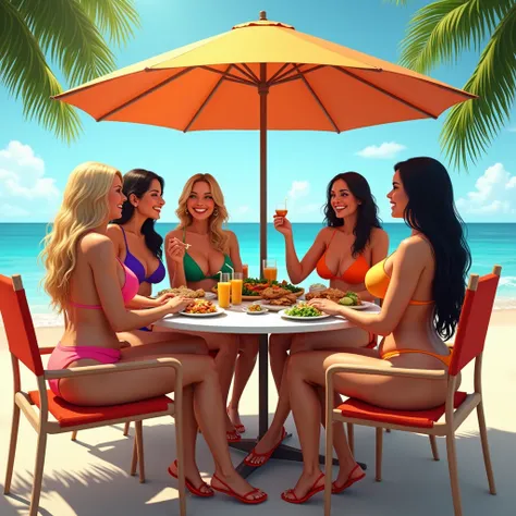 Six women sit on chairs at a table under a parasol on a tropical beach in the hot sun.
There are eight chairs at the table.
Six women sit on eight chairs.

A tall white woman with long blonde hair, big breasts and buttocks is wearing a red bikini, a short ...