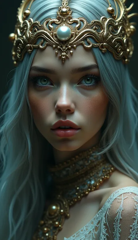 a detailed portrait of a mythical female, beautiful detailed eyes, beautiful detailed lips, extremely detailed and realistic face, long eyelashes, flawless skin, fantasy, dramatic lighting, ethereal, glowing, intricate headdress, ornate jewelry, digital pa...