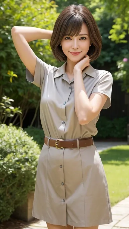 A young woman stands outdoors in a natural setting with lush greenery in the background, including tall trees and bushes. She has straight, medium-length dark brown hair with light bangs, and she is smiling softly at the camera. She is dressed in a light g...