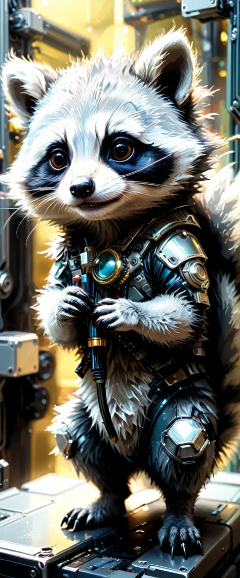 Chrome metal A captivating photograph of a cute extra fluffy baby realistic racoon. Hyperdetailed Maximalist comic book masterpiece, cinematic light, perfect composition, strong shadows, soft colors, ink accents. By Geof Darrow, Aaron Horkey & Becky Cloona...