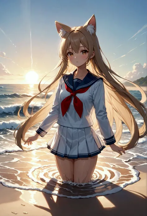 Animal ears　girl　Sailor suit　Long Hair　whole body　Sandy Beach High Definition　8k　Body Type　Get splashed with water