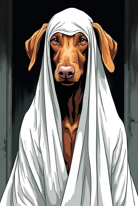 beautiful vizsla with big eyes in Peaky Blinders style as a ghost under bedsheet with holes for eyes as a mask as a coloring picture in black and white comic picture