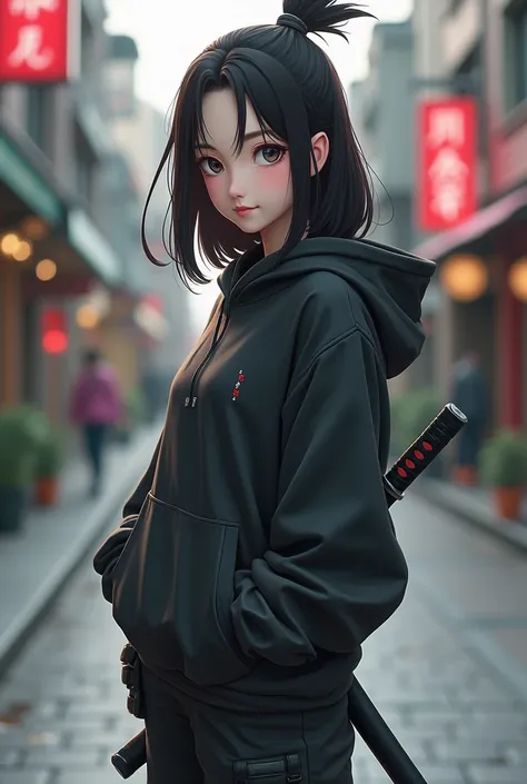 Make me a kunoichi version of Naruto, a woman with these characteristics: Brunette Shoulder-length black hair Beautiful and flirtatious look Smile with cute corners Dressed in an indie oversized sweatshirt Ninja pants and black sneakers With a katana