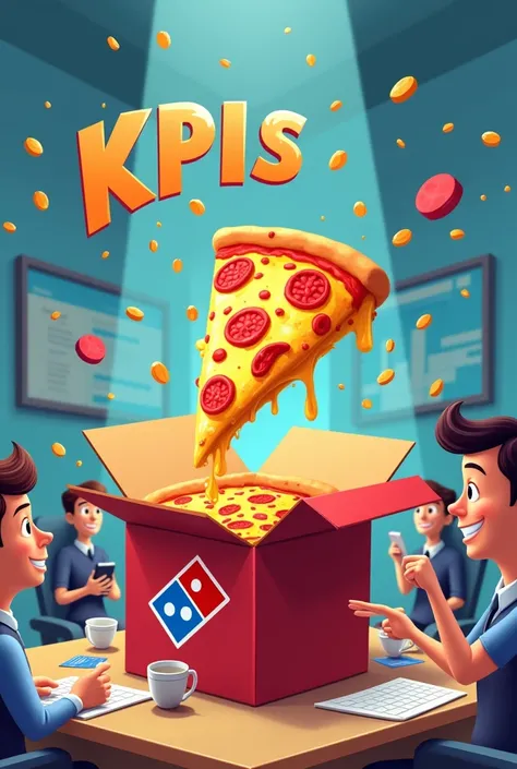 Create a slice of Domino&#39;s pizza coming out of a Domino&#39;s pizza box by jumping saying the word kpis in big letters plus animated friends with whom you can have fun in a call center