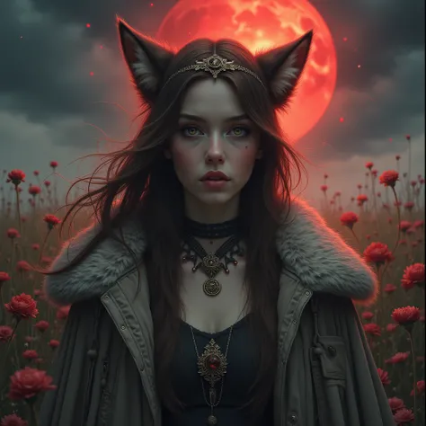 A realistic pretty lady with brown hair and a wolf ear, wearing a furry jacket and some random accessories, a background features a field of flowers and a bloody moon, in a thunderous effect