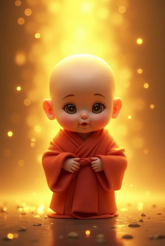 Cute round-faced baby monk、God、Background Gold、Light、Sparkling、The clothes are red、The head is hairless、Real、High image quality、３d、Mysterious