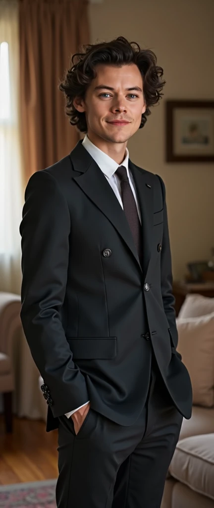 Harry Styles wearing a British-style suit，Black curly hair，Harry Styles youth，Standing in the living room，grace，Short hair，Living room background，front，Light，Smiling tenderly at the camera，Half-length portrait，photo shoot,Ian Hubert&#39;style