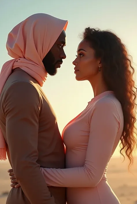 Baby pink hijab girl with a hot, sexy body tight dress hugging an African man in daylight