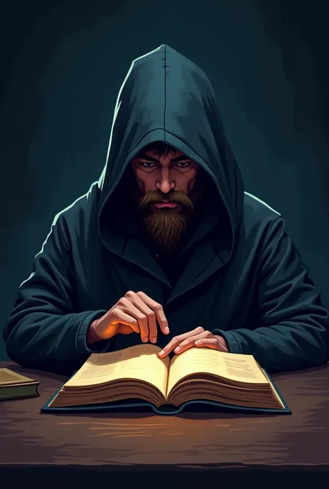  be a logo as a cartoon and I want a man dressed in a black robe with a hood, with only part of his face visible from below, and who is sitting at a table that looks like he is telling a story with a book and the background in the back is dark