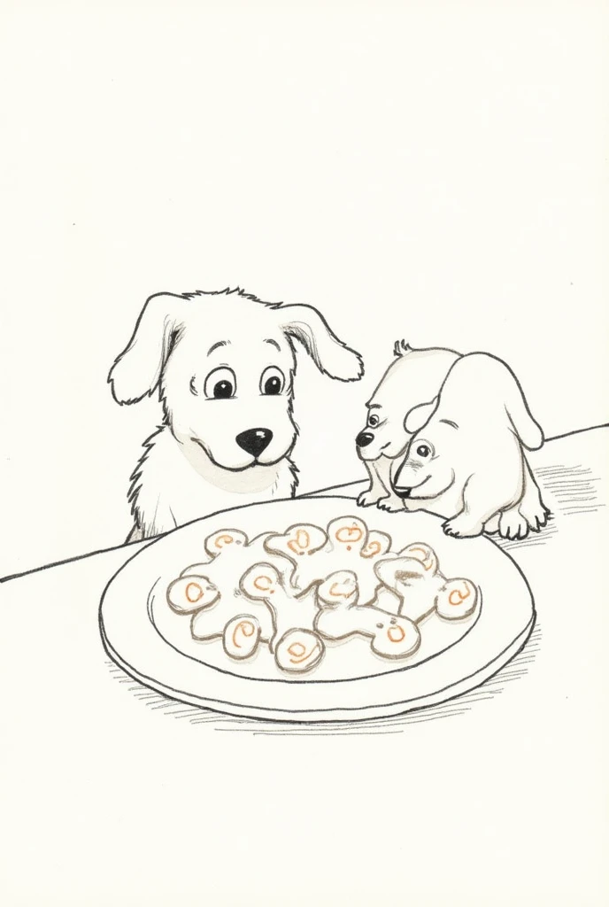 A paper with a hand-drawn sketch of a plate with dog treats in the shape of paw prints and bones, and a dog was also drawn looking at the plate