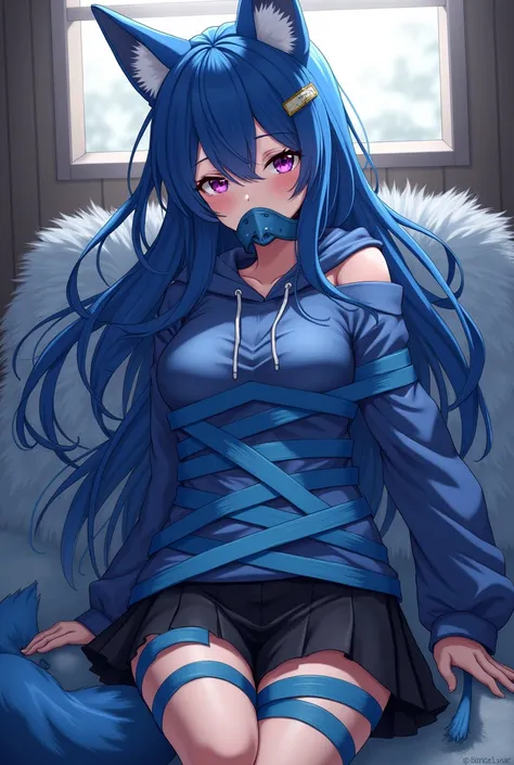 1 girl, tied up, GAGGED, Viewers look at, squint, Blush, Full body tape, fox, blue fur, long hair, purple eyes, blue hoodie, black skirt, Blue face, medium breasts