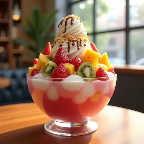 Create an image of a large glass bowl filled with finely shaved ice, drizzled with sweetened condensed milk. The bingsu is topped with fresh fruits such as strawberries, mangoes, and kiwis. On top, there is a scoop of vanilla ice cream and a dollop of swee...