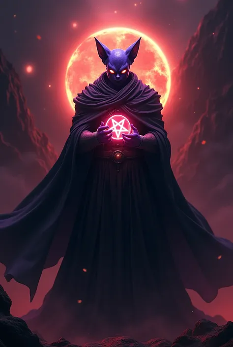 The same 3D Beerus wears a black robe while holding a lighted pentagram with a mixed black and red background.