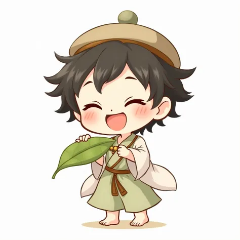 1boy, solo, male_focus, transparent_background, hat, jewelry, closed_eyes, necklace, open_mouth, full_body, holding, smile, chibi, barefoot, robe, leaf