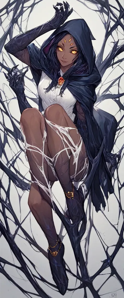 A woman, dark skin, black hair, gold eyes, spider body, six black spider legs, white vest, black hood on her head, black cloak behind her. Sharp images, clear images