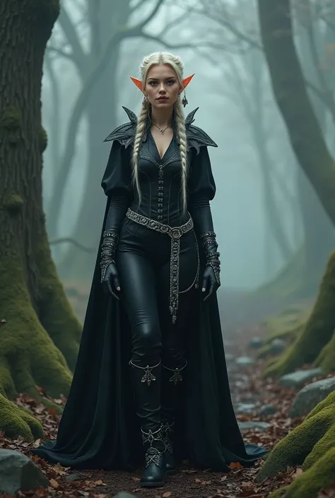 On a cloudy morning, under the gray sky, mist crept across the floor of an ancient forest, involving stones and roots as if hiding secrets. An elf with a beautiful, delicate, angelic face and tall, curvaceous figure, with almost golden blonde hair in a bra...