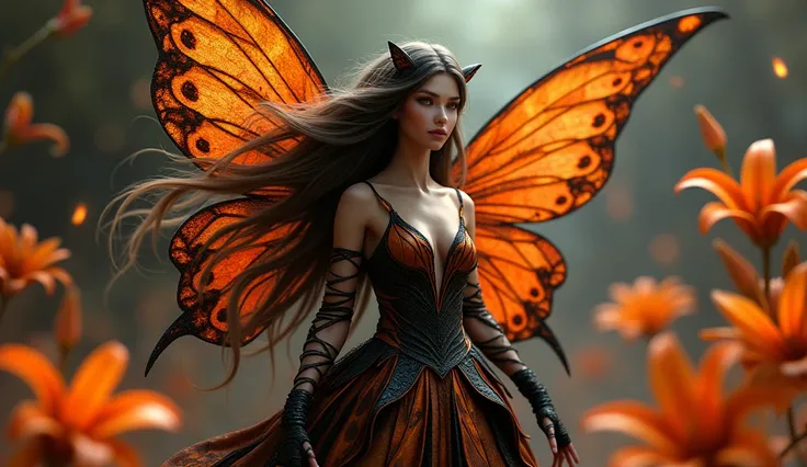 A photorealistic 3D artwork of a fierce fairy with a tiger lily theme. The fairy&#39;s long, flowing hair in shades of deep obsidian and fiery orange cascades down her back , resembling the bold stripes of a tiger. Their eyes , a bright amber hue , shine b...