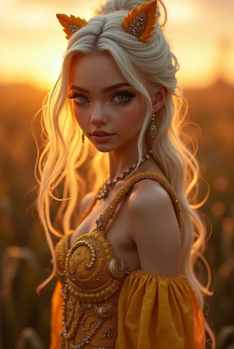 a cute  wearing a cosplay sexy cornhusk outfit, beautiful detailed eyes, beautifully detailed lips, extremely detailed face, long eyelashes, fantasy, cute, adorable, whimsical, magical, intricate cornhusk outfit, flowing hair, glowing skin, cinematic light...