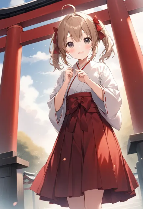 1 cute girl,
(light brown hair, medium hair, pigtails hair, ahoge, dark red bow),
(dark gray eyes, tareme),
smile,
parted lips,

looking at viewer,

(white Miko),
(red long Hakama),

cowboy shot, solo, 

(depth of field),
noon sky, little cloud, incident l...