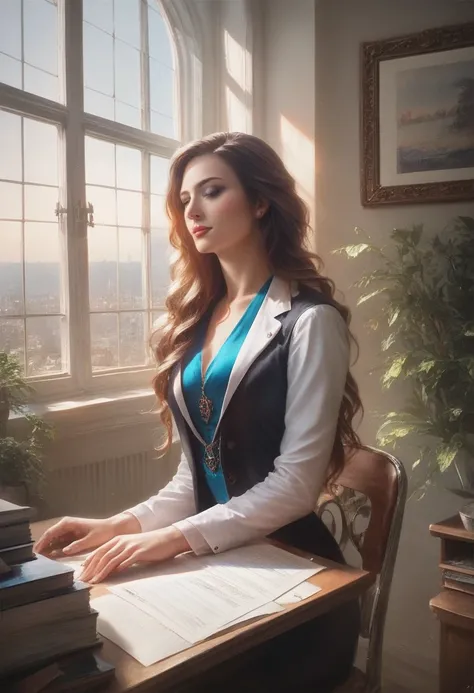 A beautiful woman with long hair and elegant dress, a handsome man in a suit, passionate lovemaking, office desk, window view, cinematic lighting, dramatic shadows, romantic atmosphere, photorealistic, highly detailed, 8k, masterpiece