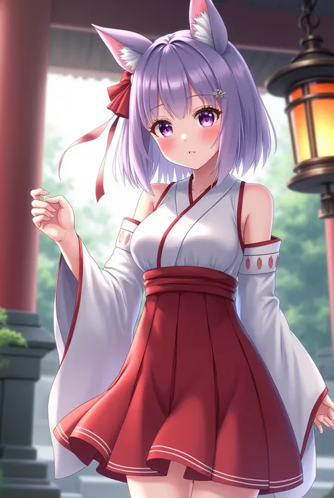 (best quality:1.4), highres, masterpiece,, 1girl,, light purple hair, purple eyes, (kemomimi), medium breasts, bare slim thigh,, hair ornament, (red|white Japanese miko clothes), detached sleeves,, blush,, lantern, shrine,, detailed face,